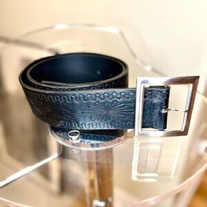 Bianca Nygard Leather Belt Black W Embossed Design Large Silver Buckle